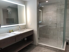 Hair dryer, towels, soap, shampoo