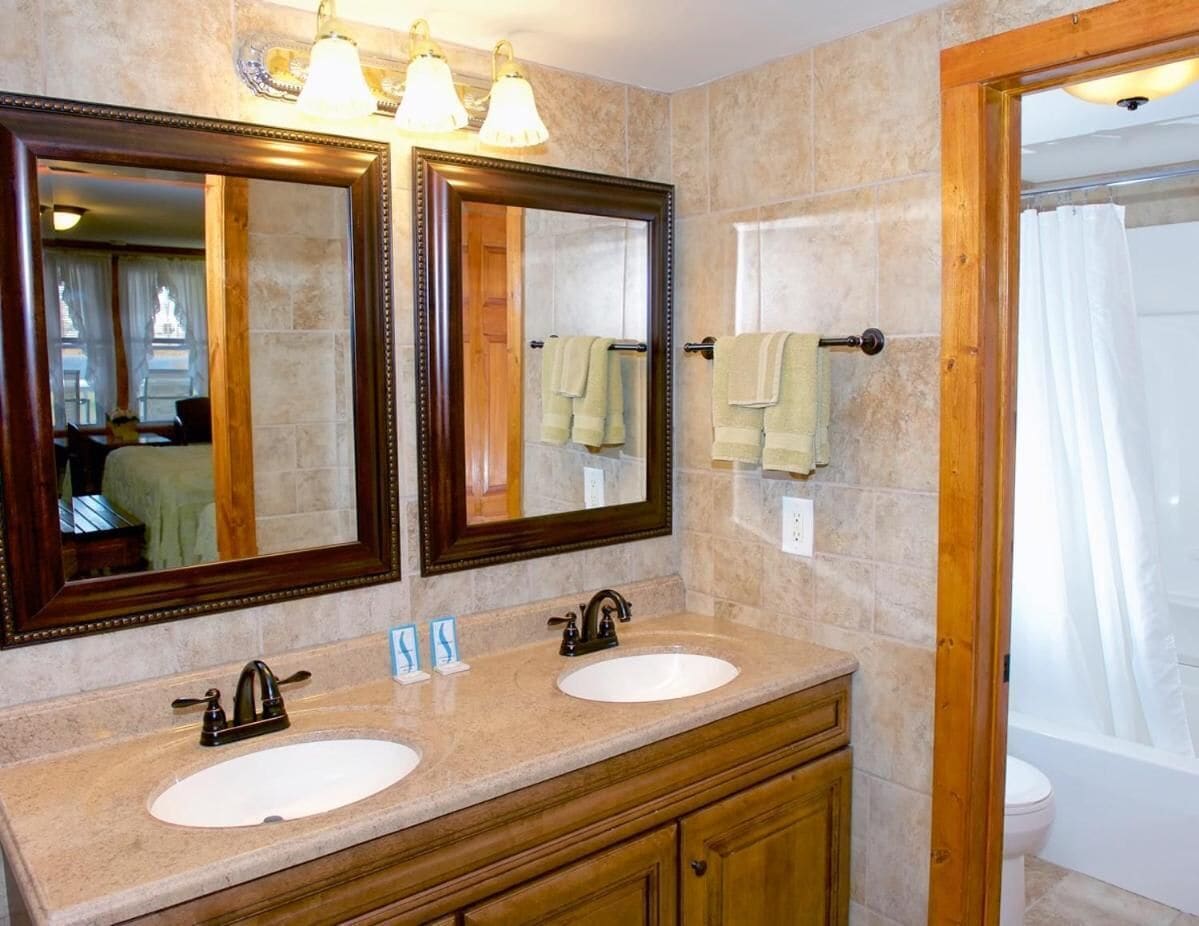 Combined shower/tub, free toiletries, hair dryer, towels