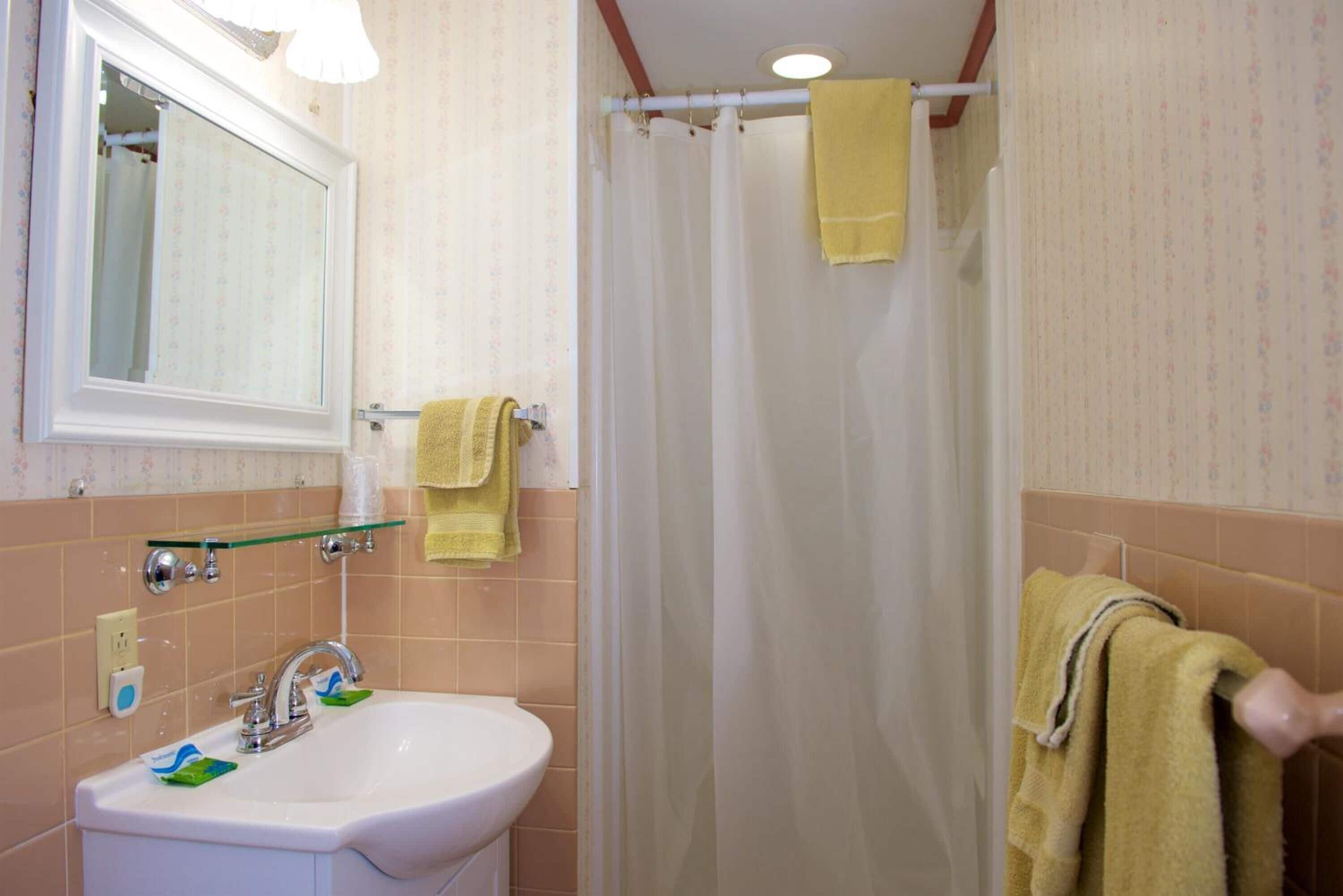 A bathroom with a sink, mirror, and shower curtain.