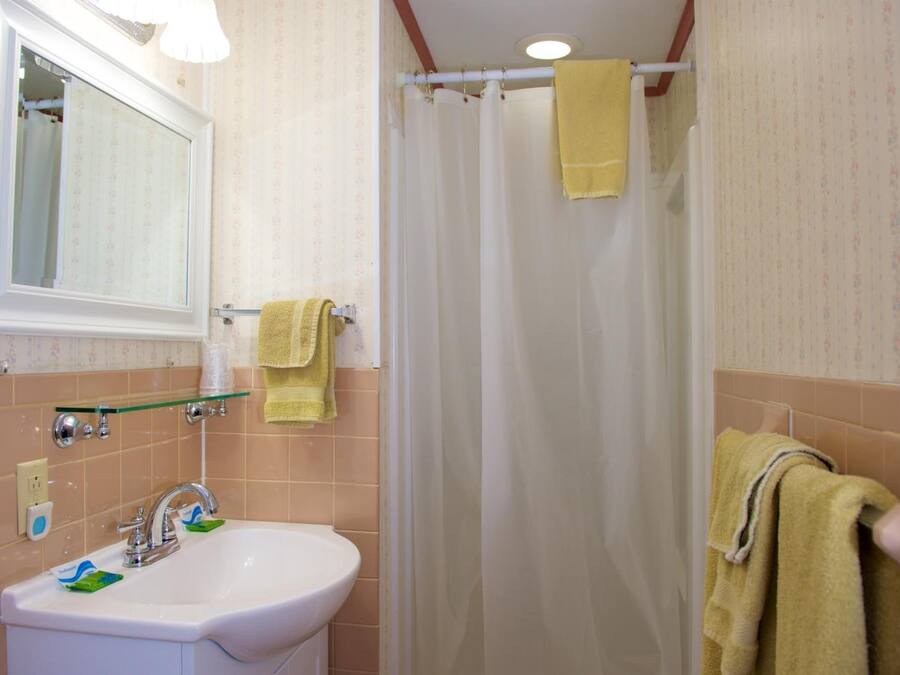 A bathroom with a sink, mirror, and shower curtain.