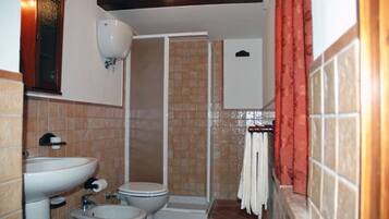 Een douche, een bidet, handdoeken, toiletpapier