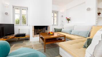 Smart TV, fireplace, books, stereo