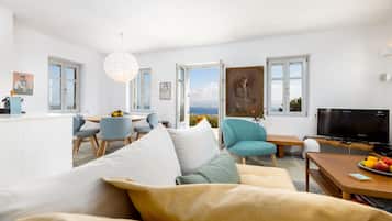 Smart TV, fireplace, books, stereo