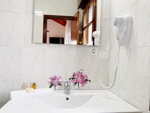 Dusche, Haartrockner, Handtücher, Shampoo
