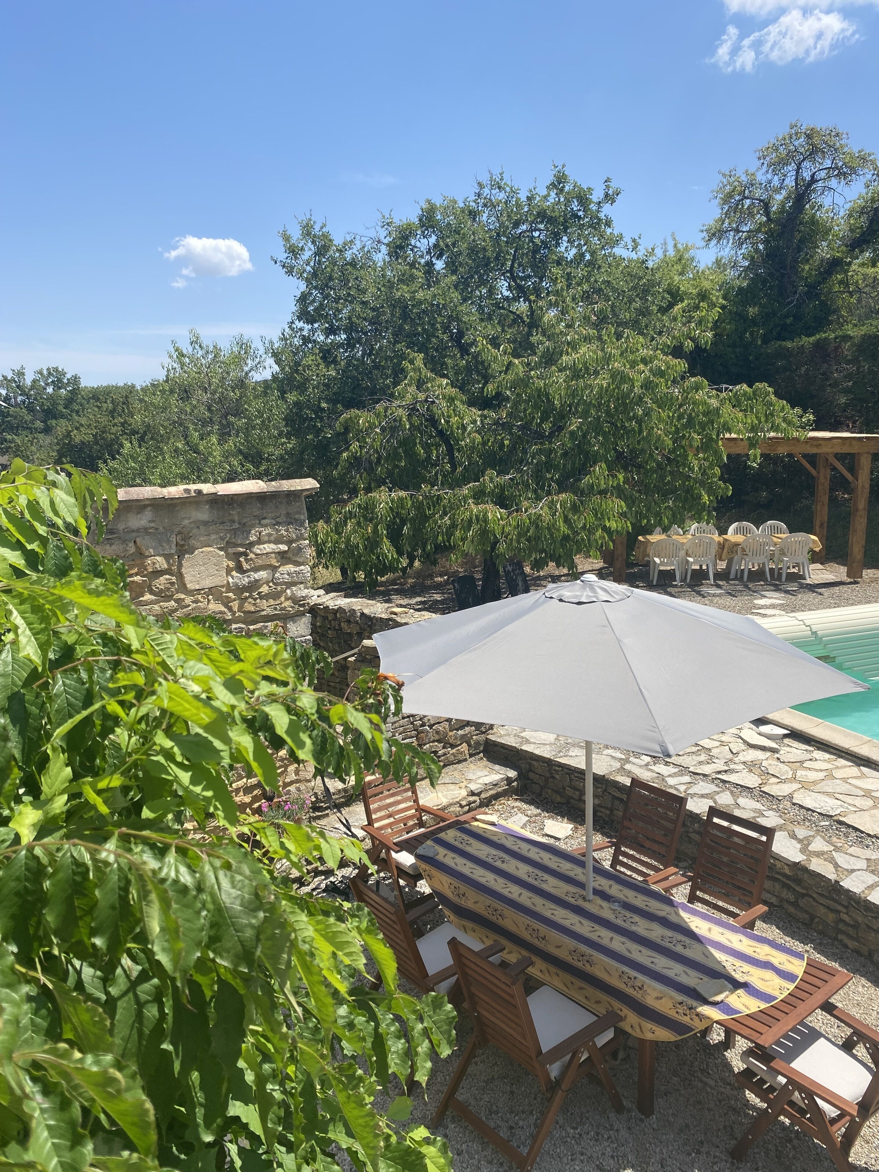 Eine Außenpatio-Terrasse mit Steinböden, Holztischen und -stühlen, umgeben von üppiger Bepflanzung und Bäumen.