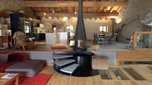 Télévision, cheminée, lecteur de DVD, livres