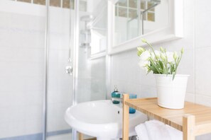 Shower, hair dryer, bidet, towels