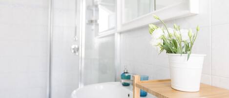 Shower, hair dryer, bidet, towels