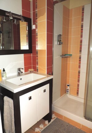 Combined shower/tub, hair dryer, towels, soap