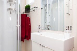 Shower, hair dryer, towels