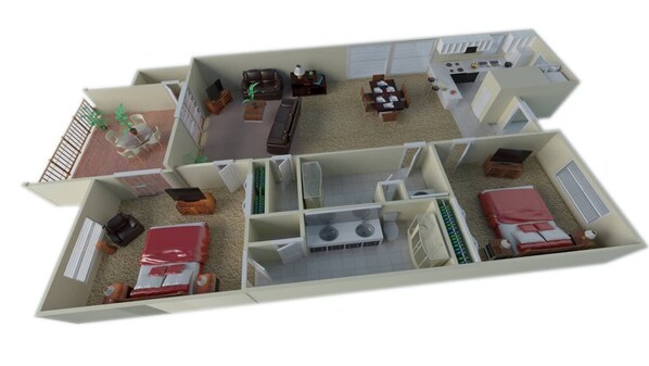 Modelo tridimensional de la distribución de una habitación de hotel, con sala de estar, comedor, kitchenette y un dormitorio independiente.