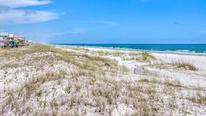 A beach with dunes and a clear blue sky.
