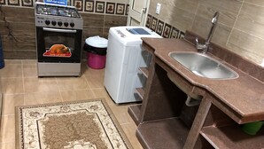Een keuken met een gasfornuis, een wasmachine, een spoelbak en een kamerkleed met een patroon.