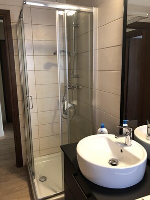 Shower, hair dryer, bidet, towels