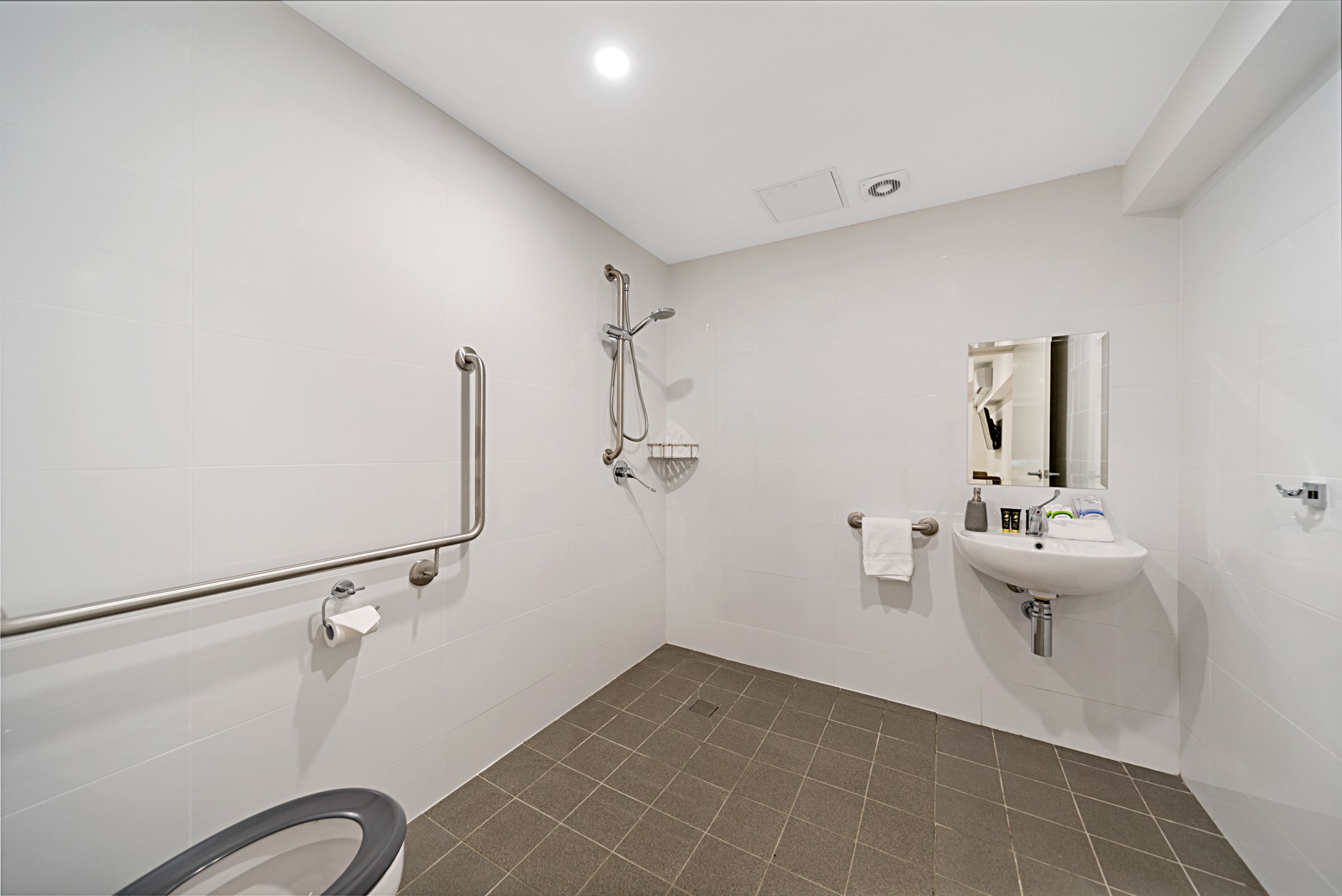 Un baño moderno con inodoro, barra de apoyo, ducha, lavabo y espejo.