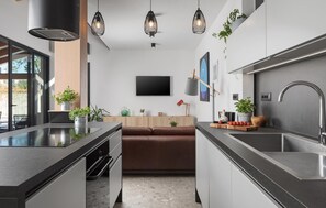 Frigorífico, placa de cocina, lavavajillas y cafetera o tetera