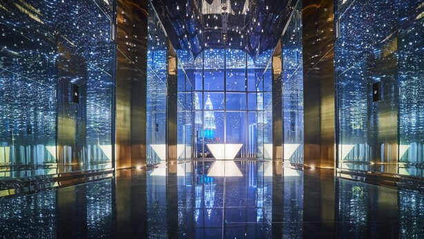 A spacious lobby with a reflective floor, large windows, and a view of a cityscape. - EQ Kuala Lumpur (Kuala Lumpur)