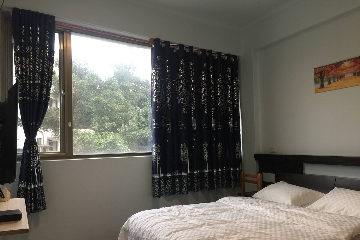 Een slaapkamer met een bed, een raam met gordijnen, een schilderij aan de muur en een bureau met een televisie.