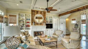 Smart TV, fireplace, DVD player, books