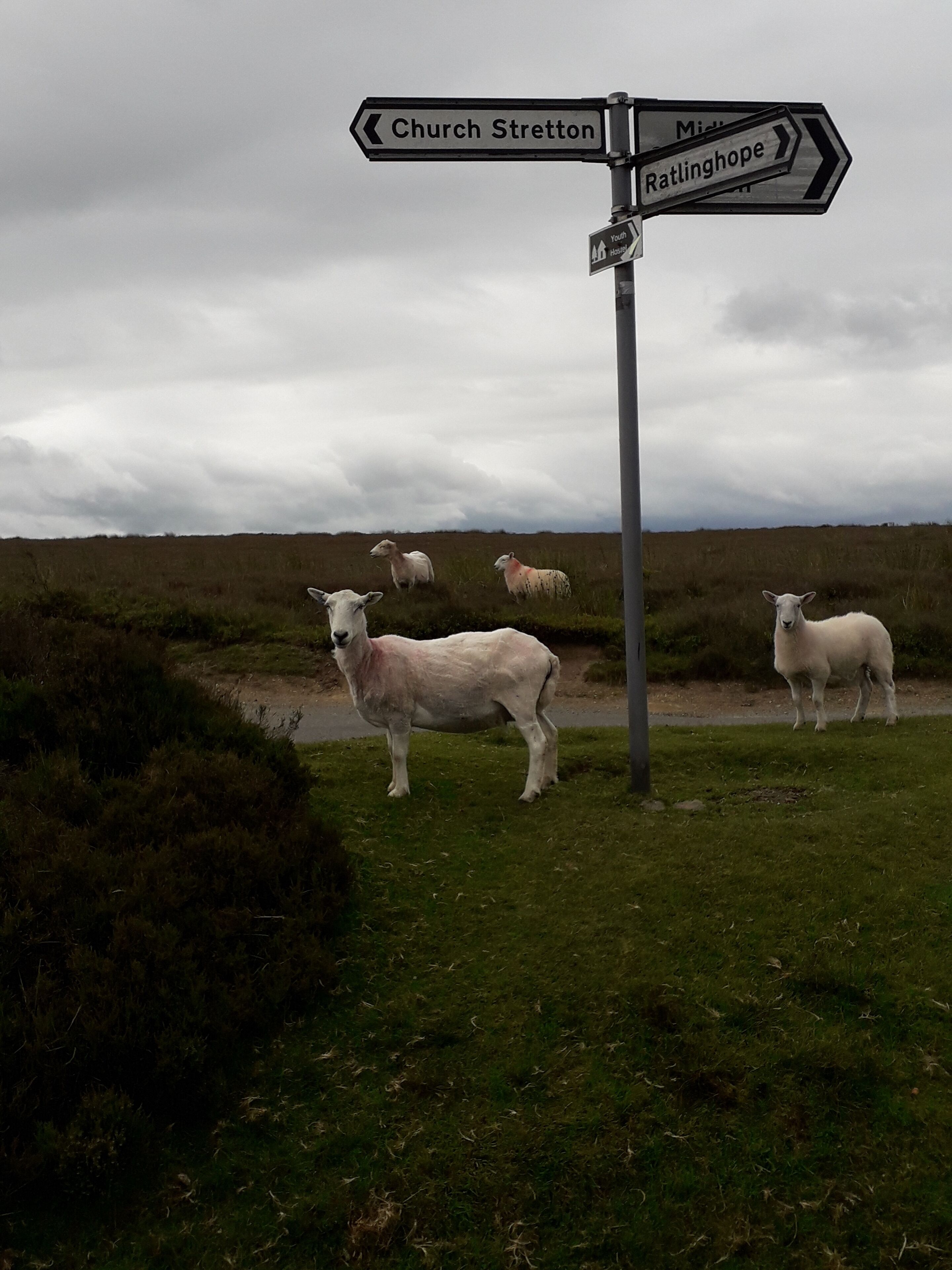 A directional signpost with 'Church Stretton' and 'Ratlinghope' directions.