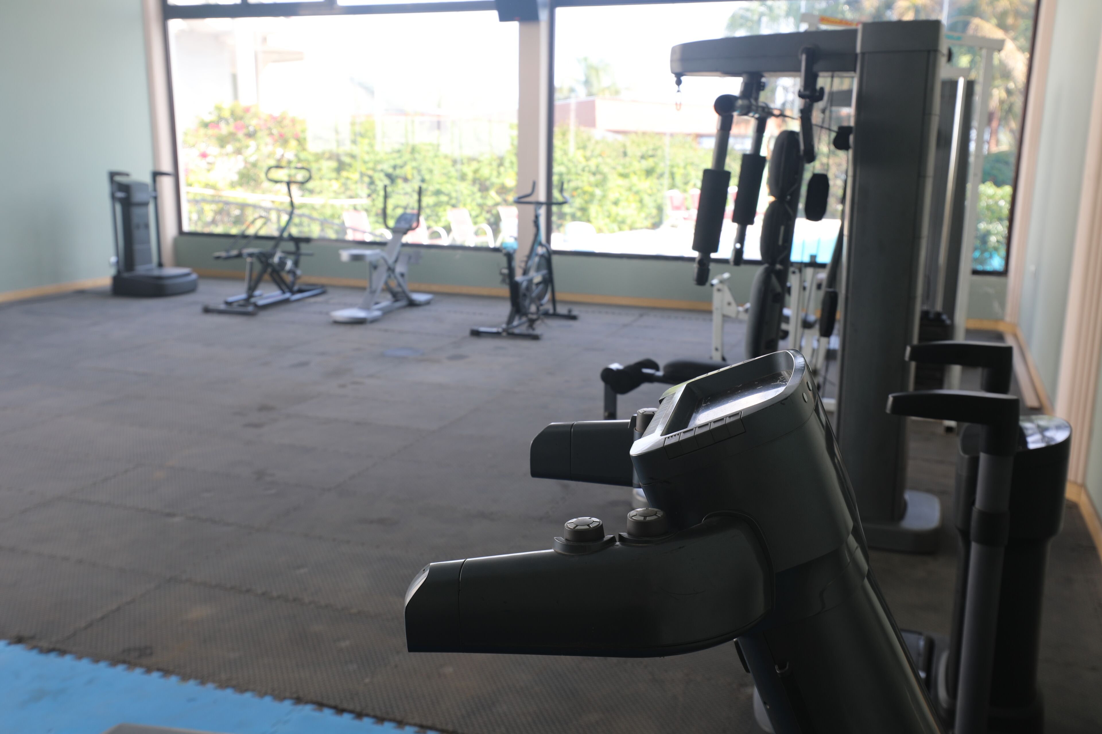 A gym with exercise equipment and a large window providing a view of greenery outside.
