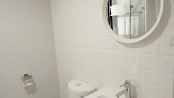 A bathroom with a toilet, a sink, and a mirror.