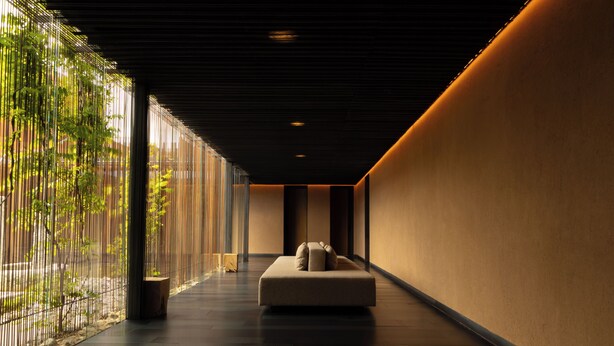 A corridor with a sofa, a wooden floor, and a glass wall with plants.