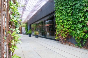 Un pasillo exterior cubierto con plantas en macetas, un muro de vidrio y una cerca de metal.