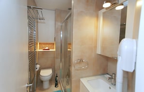 A modern bathroom with a glass shower enclosure, a toilet, a sink with a mirror, and a towel rack.