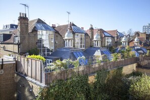 A residential area with houses featuring pitched roofs, some with skylights and dormer windows.