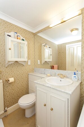 A bathroom with a toilet, a sink with a marble countertop, and two mirrored cabinets above the sink.