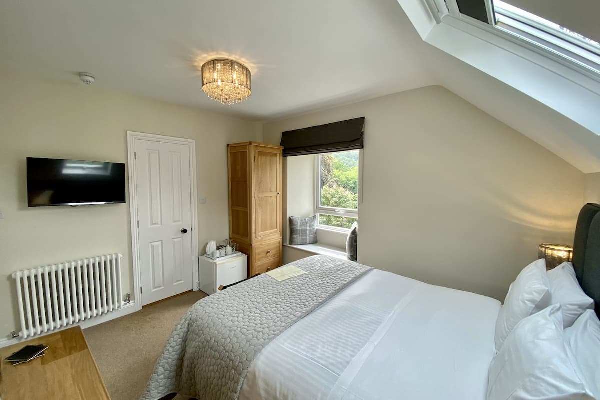 Une chambre à coucher comprenant un lit, une télévision, une armoire, un radiateur et une fenêtre donnant sur un paysage verdoyant.