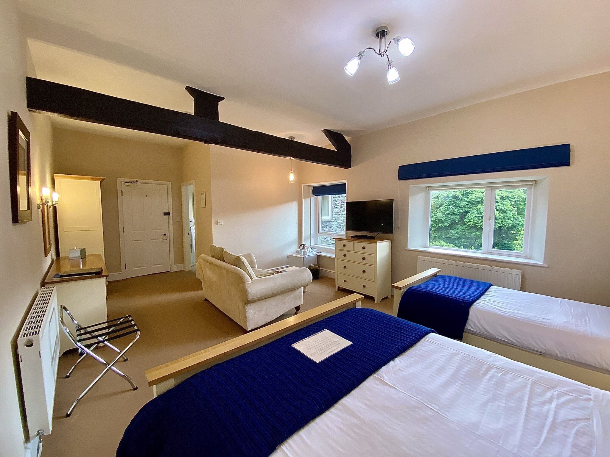 A bedroom with two beds, a TV, a desk, and a chair.