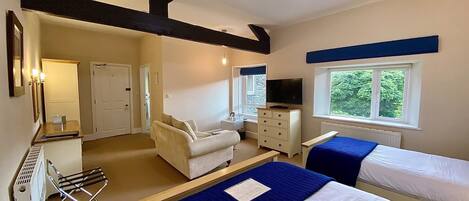 A bedroom with two beds, a TV, a desk, and a chair.