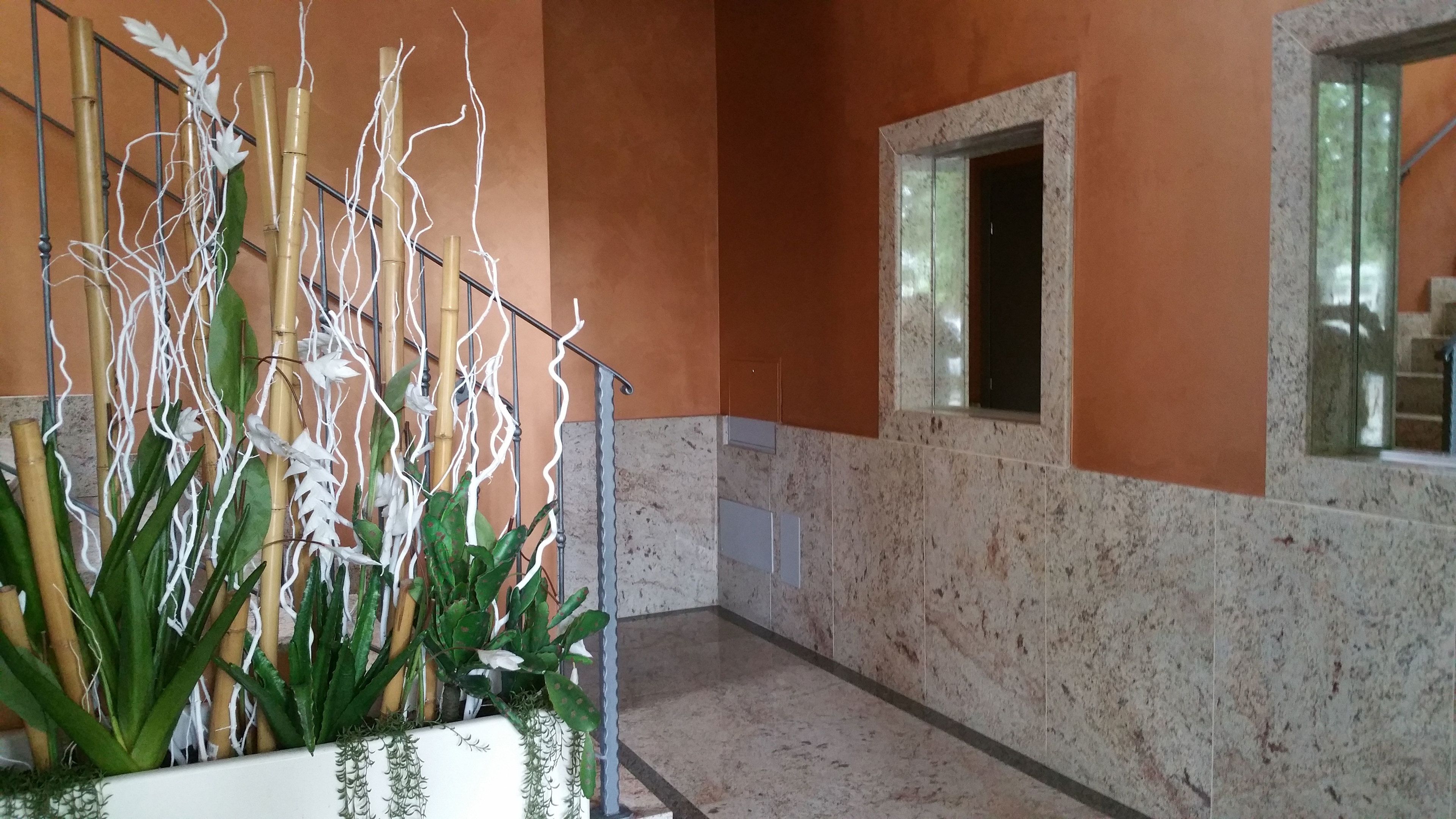 A hallway with a plant arrangement, a window, and a marble wall.