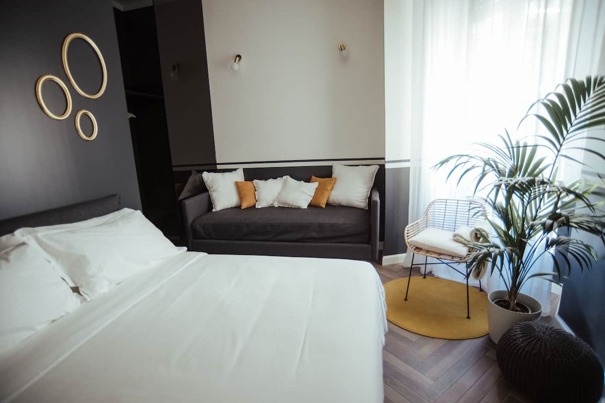 A modern hotel room with a large bed, a dark-colored sofa, a small round table, and a potted plant.