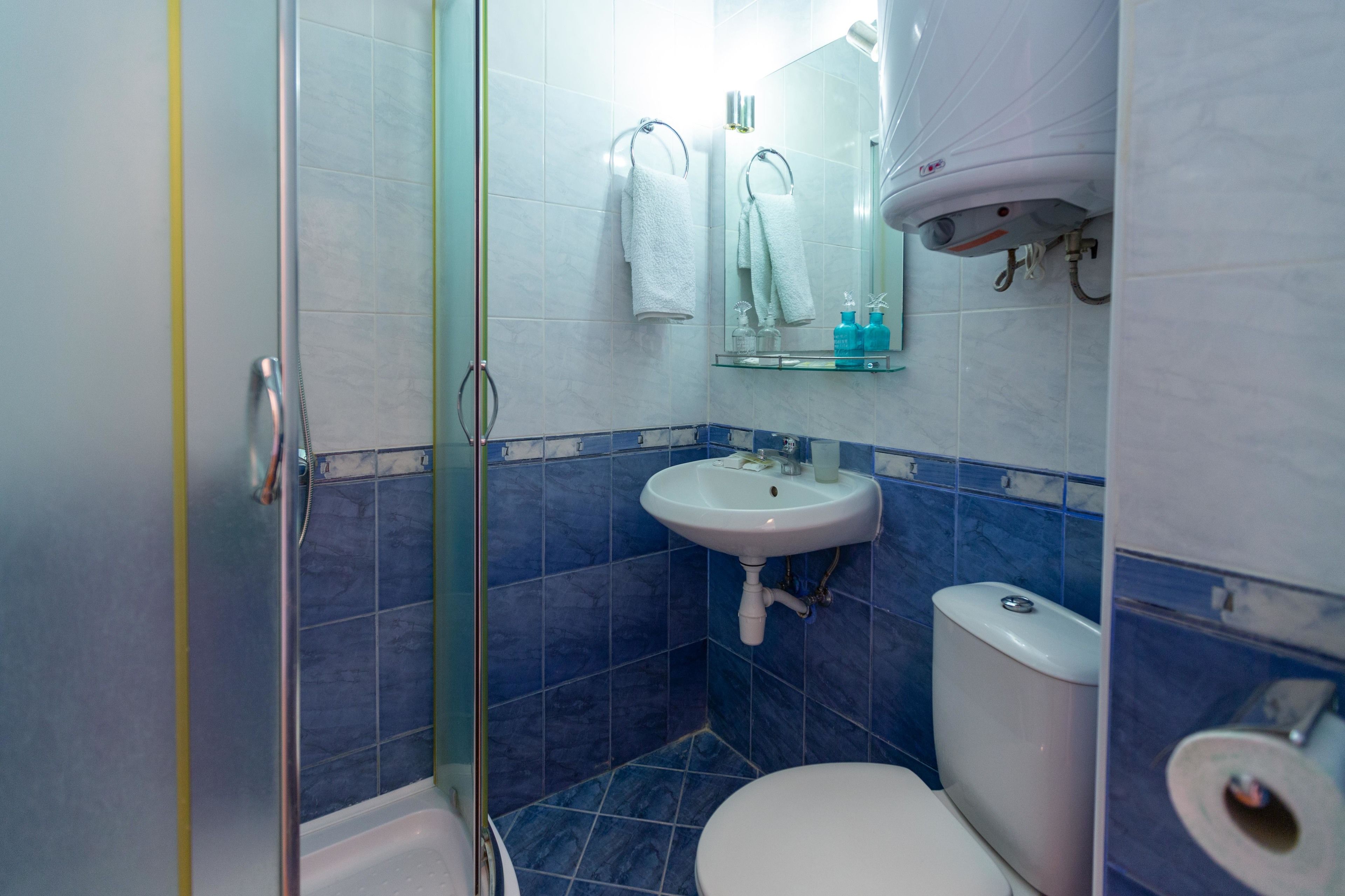 Kylpyhuone, jossa on suihku, wc, pesuallas ja lasihylly, jossa on hygieniatuotteita.