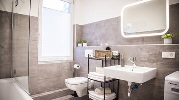 Hair dryer, towels, toilet paper