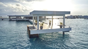 An overwater bungalows with a covered deck and potted plants. - Hotel Riu Palace Maldivas - All inclusive (Kedhigandu)