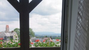 A balcony with a view of a river and buildings in the distance. - Ferienwohnung Schloss Schönberg (Bad Brambach)