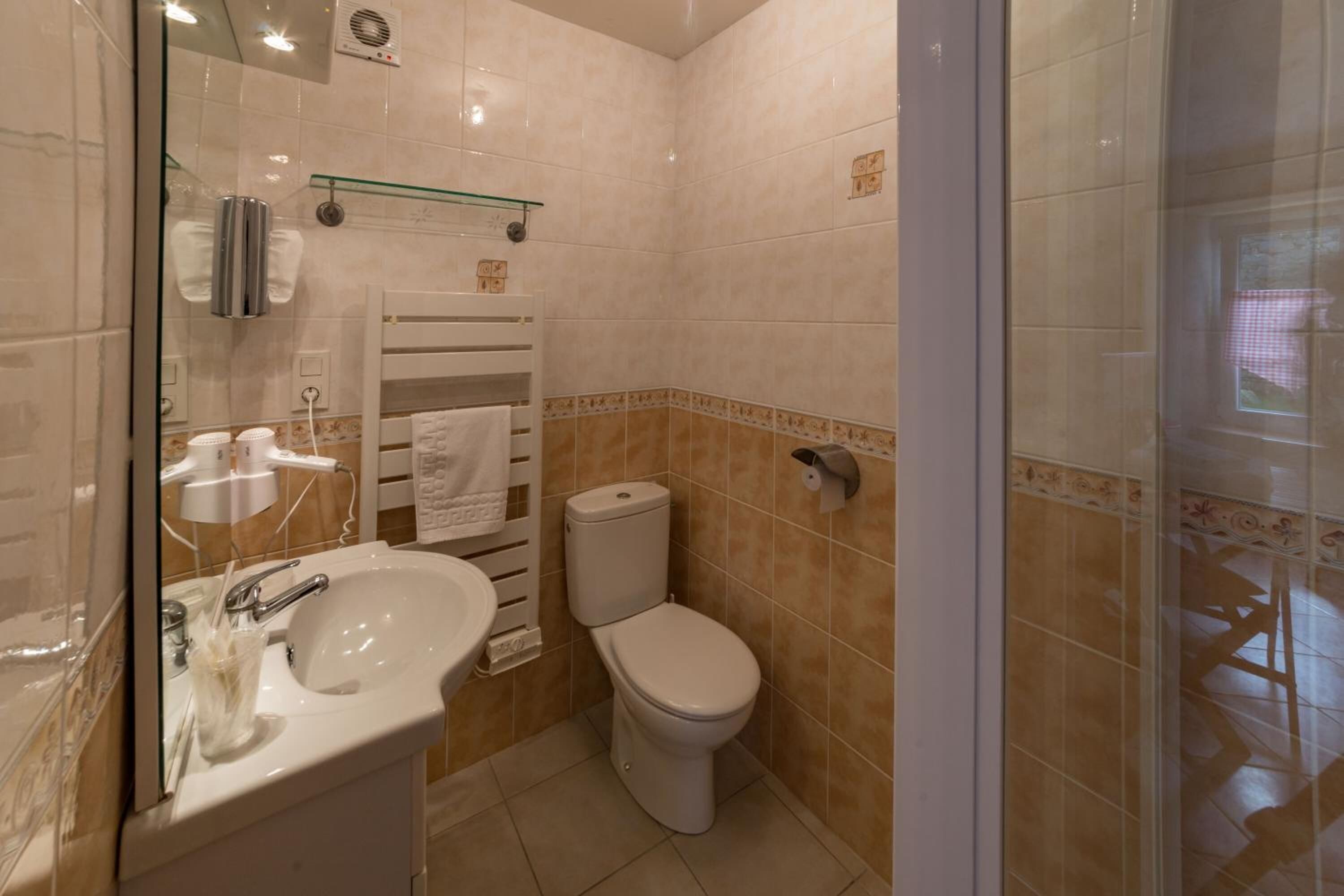 A bathroom with a sink, toilet, and glass shower enclosure.