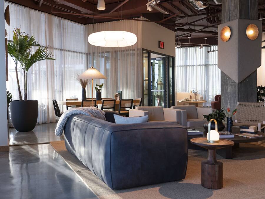 A modern lobby with a leather sofa, a dining area, and a large potted plant.