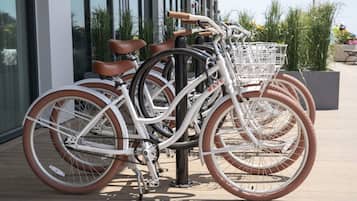 Una fila de bicicletas con cestas, estacionadas sobre una cubierta de madera frente a un edificio con ventanas grandes.