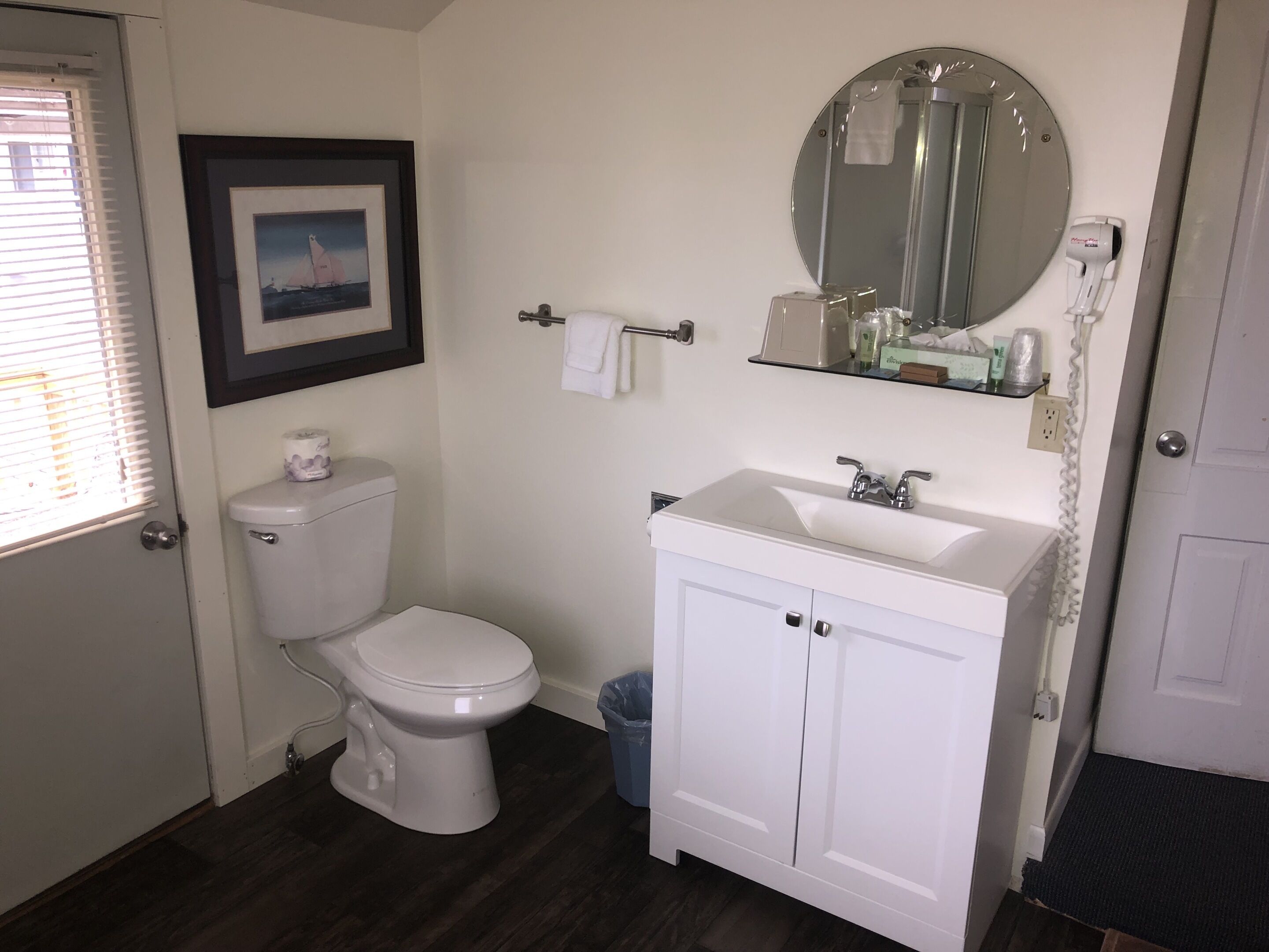 A bathroom with a toilet, sink, mirror, and framed picture on the wall.