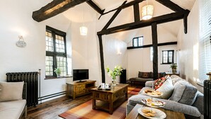 Una sala de estar acogedora con un sofá, una mesa de centro y una chimenea. Hay ventanas y un radiador en la pared.