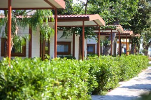 A row of white buildings with brown window frames and red roof tiles, surrounded by green hedges and trees. - Camping Sun Beach (Torino di Sangro)