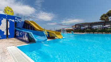 Piscina stagionale all'aperto, ombrelloni da piscina, lettini