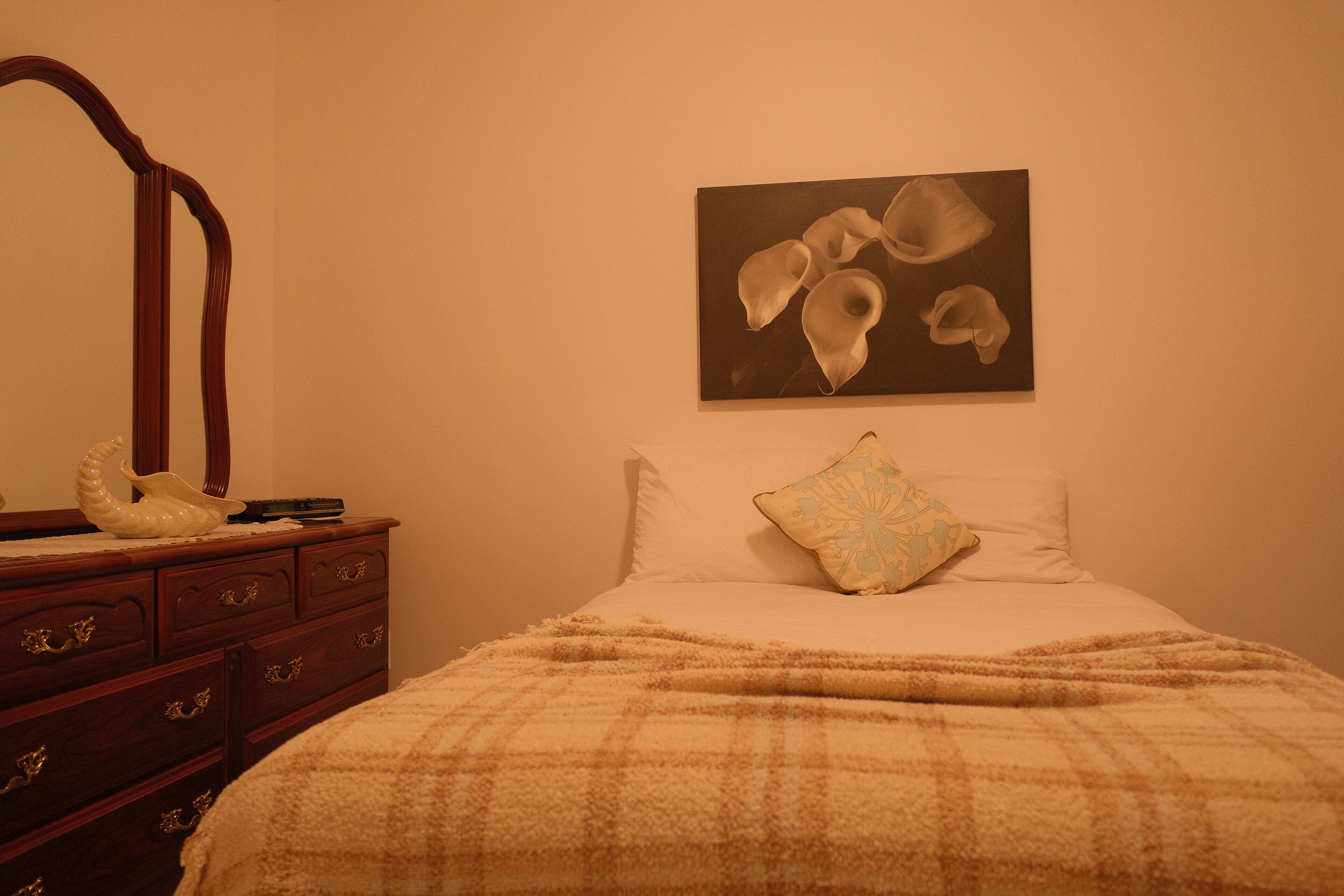 Une chambre à coucher comprenant un lit, une commode en bois, un miroir et une œuvre d’art accrochée au mur.