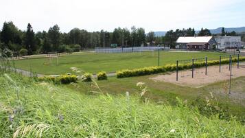 A grassy field with a goalpost, surrounded by trees and a building.