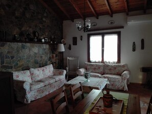 A cozy living room with a stone wall, wooden ceiling, floral sofas, a wooden table, and a window with curtains. - Villa Eva Agios Nikolaos (Sithonia)